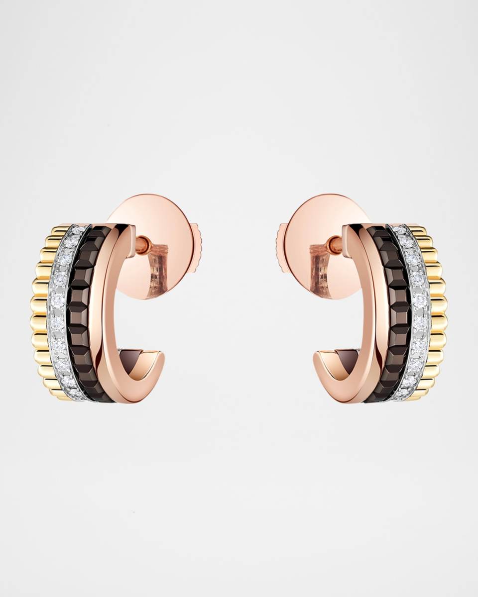 Quatre Classique 18K Tricolor Gold Mini Hoop Earrings with Diamonds and Brown PVD